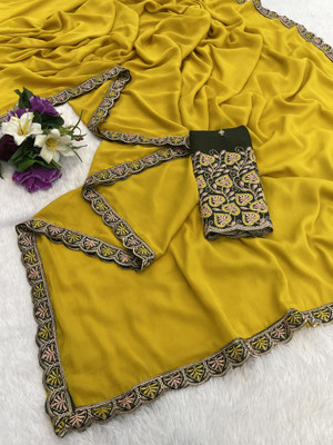 K 5 FASHION Embroidered, Solid/Plain Bollywood Georgette Saree(Yellow)