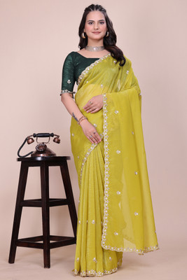 saanvi Solid/Plain, Self Design, Embroidered Bollywood Chiffon Saree(Mustard)