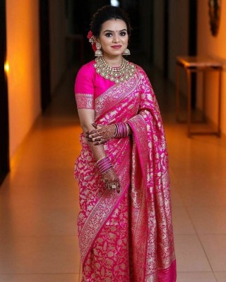 SSP TEX Woven Kanjivaram Silk Blend Saree(Pink, Multicolor)