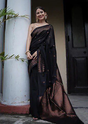 Madhav Creation Woven Banarasi Art Silk Saree(Black)