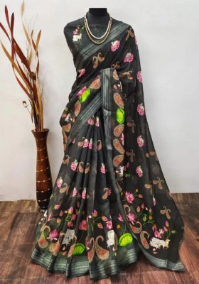 Vini enterprise Printed Bollywood Linen Saree(Black)