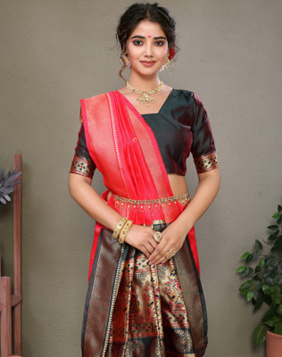 YASHIKA Printed Kanjivaram Silk Blend Saree(Red)