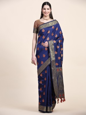KHANJAN FASHION Graphic Print, Self Design, Woven Assam Silk Pure Silk, Jacquard Saree(Dark Blue)