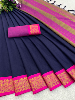 KanjiQueen Checkered Jamdani Silk Blend, Cotton Blend Saree(Dark Blue, Pink)