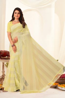BATHANI CREATION Solid/Plain Bollywood Organza Saree(Yellow)