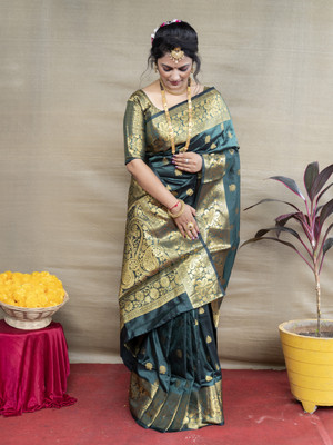 sarjan creation Woven Paithani Pure Silk, Cotton Silk Saree(Dark Green)