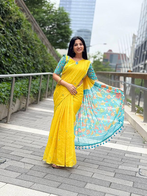 Anjaneya Sarees Printed Bollywood Linen Saree(Yellow)