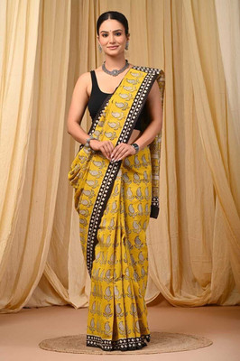 COTTON MULMUL STORE Printed Daily Wear Pure Cotton Saree(Mustard)