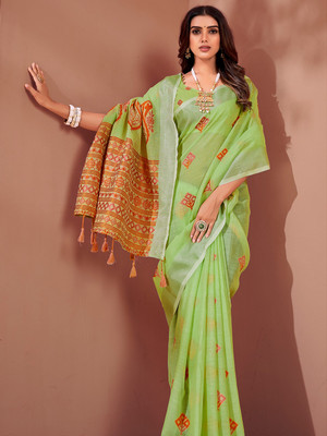 KARAGIRI Geometric Print Bollywood Cotton Blend Saree(Green)