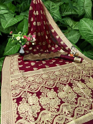 Parangi-A planet of style Woven Banarasi Cotton Silk Saree(Maroon)