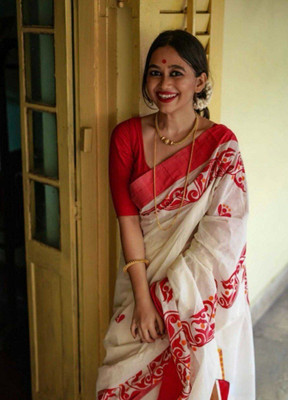 Mahakal Creation Printed, Woven, Self Design Bollywood Raw Silk Saree(White)