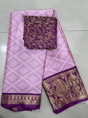 looknchoice Woven Kanjivaram Silk Blend Saree(Pink, Gold)