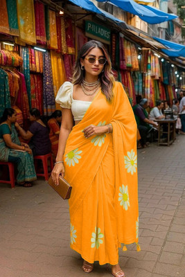 AMBALIKA Digital Print Bollywood Cotton Blend Saree(Yellow)