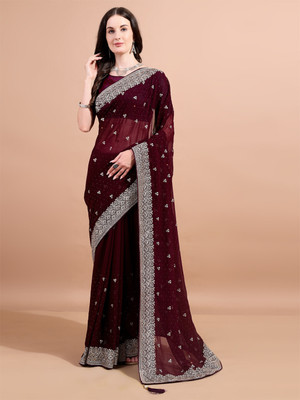 Divastri Embroidered, Embellished, Woven Bollywood Georgette Saree(Maroon)