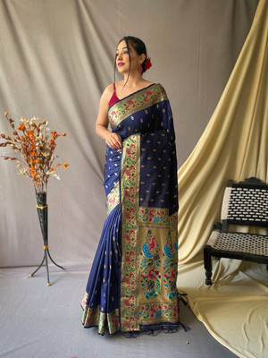 SGF11 Self Design Handloom Pure Silk Saree(Dark Blue)