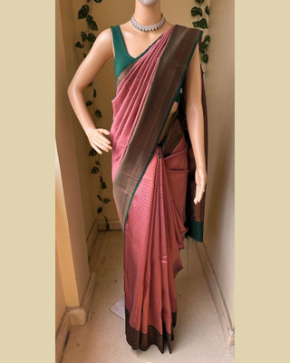 ROOP LAVANYA Woven Kanjivaram Cotton Linen, Jacquard Saree(Pink, Dark Green)