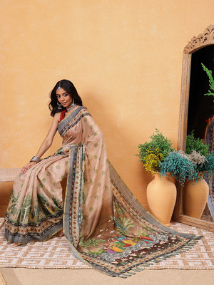 SILK ZONE Printed Chanderi Cotton Blend Saree(Beige)