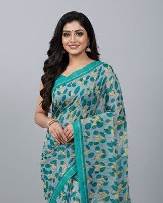 Anugrah Textile Printed Banarasi Lycra Blend, Chiffon Saree(Light Blue)