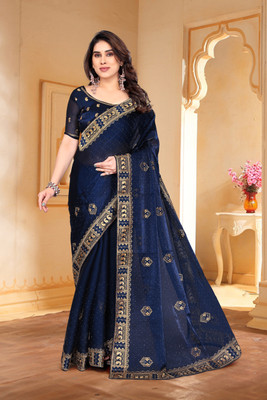 Mikhushop Embroidered Bollywood Jimmy choo Saree(Dark Blue)