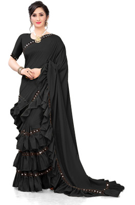 fentik.com Solid/Plain Bollywood Lycra Blend Saree(Black)