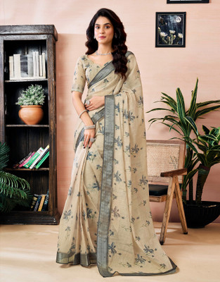 Samah Printed Daily Wear Chanderi, Cotton Blend Saree(Beige)