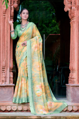 Moda Rapido Printed Daily Wear Cotton Linen Saree(Yellow)