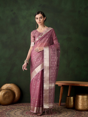 Sangria Woven Saree with Attached Blouse Organza Saree(Magenta)