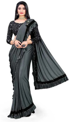fem hub Solid/Plain Daily Wear Lycra Blend Saree(Grey)