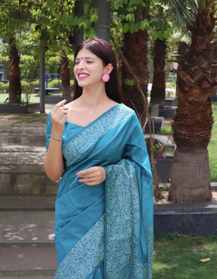 PeachPetals Woven, Self Design Banarasi Cotton Silk Saree(Light Blue)