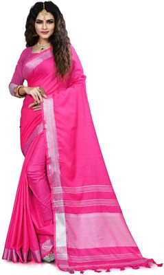 Ruhabs Striped Handloom Linen Saree(Magenta)