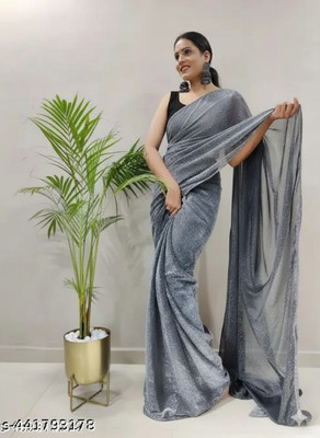 HouseOfCommon Solid/Plain Bollywood Lycra Blend Saree(Grey)