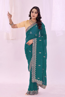 Suali Embroidered Saree with Attached Blouse Georgette Saree(Green)