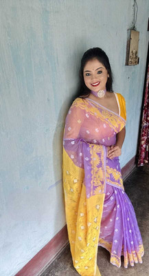 SP Boutique Embroidered Jamdani Cotton Silk Saree(Purple, Yellow)