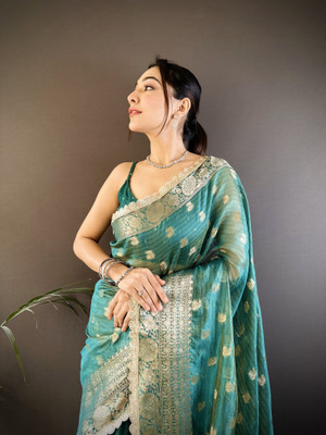 SHARDHA FASHION Woven, Self Design Banarasi Pure Silk, Tissue Saree(Black, Yellow, Multicolor)