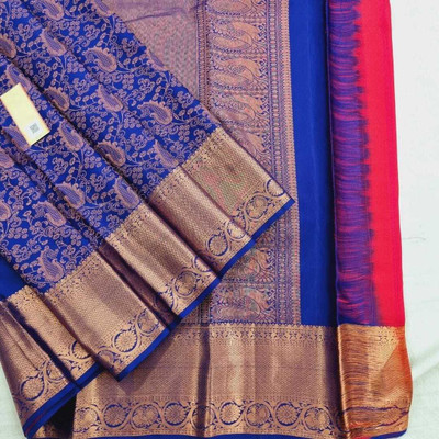 LITIRTHFAB Striped Bollywood Jacquard, Pure Silk Saree(Blue)