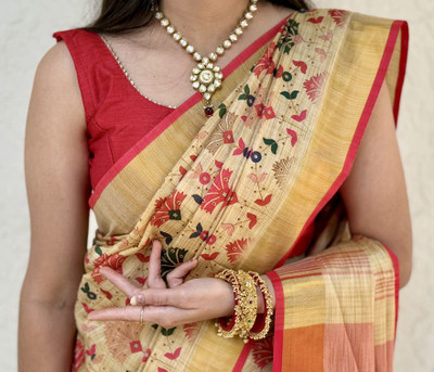 MM VENTURE Woven Kanjivaram Linen Saree(Beige)