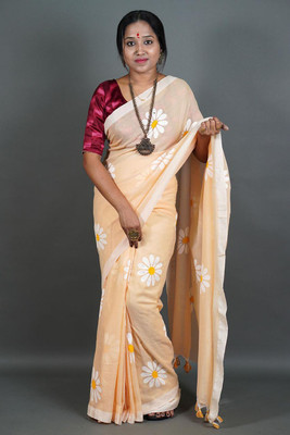 Apu handloom Printed Handloom Pure Cotton Saree(Beige)