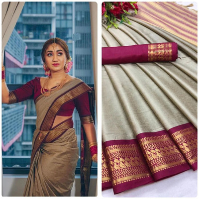 SHRIMAY Woven Kanjivaram Silk Blend Saree(Beige)