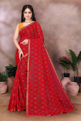 HouseOfCommon Printed Bandhani Georgette Saree(Red)