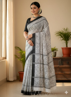 Shine boutique Printed Madhubani Cotton Blend Saree(Black, White)