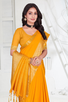 Aarunika BS Solid/Plain Bollywood Pure Silk Saree(Yellow)