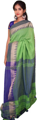 LDma Solid/Plain Handloom Cotton Blend Saree(Dark Green)