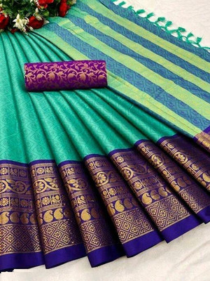 KanjiQueen Woven Kanjivaram Cotton Silk, Silk Blend Saree(Purple, Green)