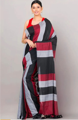 SARATHITEXTILE Color Block Handloom Cotton Blend Saree(Black)