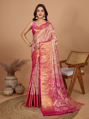 Yogik Creation Floral Print Banarasi Silk Blend Saree(Pink)