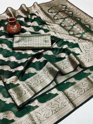 Bansari Textiles Embellished, Applique, Self Design, Woven Banarasi Art Silk Saree(Dark Green)