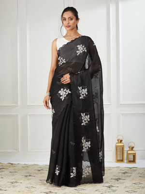 FABMORA Embellished, Embroidered Bollywood Chiffon Saree(Black)