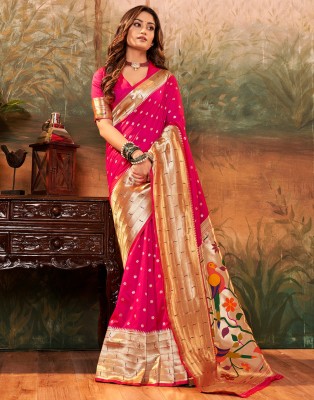 Samah Woven, Self Design Paithani Pure Silk, Silk Blend Saree(Pink, Multicolor)