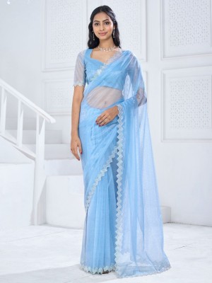 ANOUK Self Design Daily Wear Organza Saree(Blue)