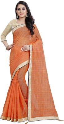 Indian Fashionista Checkered Chanderi Cotton Silk Saree(Orange)